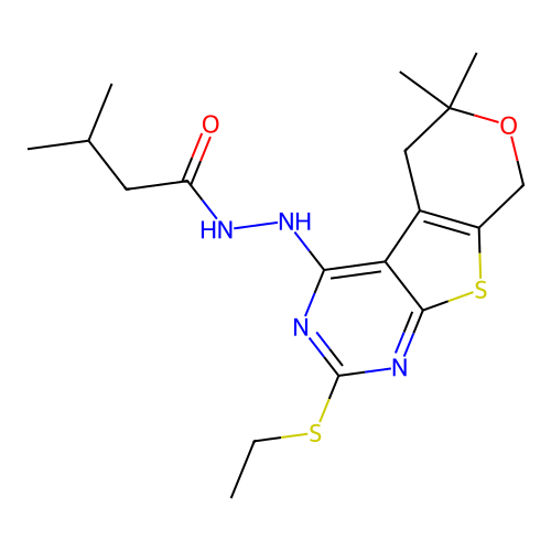 N'-(2-(ethylthio)-6,6-dimethyl-6,8-dihydro-5H-pyrano[4',3':4,5]thieno[2,3-d]pyrimidin-4-yl)-3-methylbutanehydrazide structure