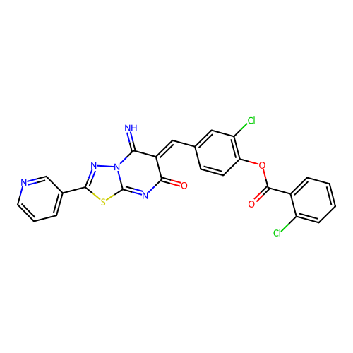 (Z)-2-chloro-4-((5-imino-7-oxo-2-(pyridin-3-yl)-5H-[1,3,4]thiadiazolo[3,2-a]pyrimidin-6(7H)-ylidene)methyl)phenyl 2-chlorobenzoate structure