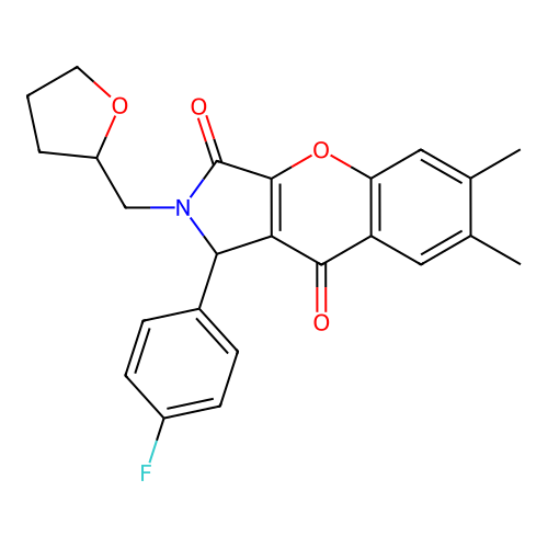 1-(4-fluorophenyl)-6,7-dimethyl-2-((tetrahydrofuran-2-yl)methyl)-1,2-dihydrochromeno[2,3-c]pyrrole-3,9-dione structure