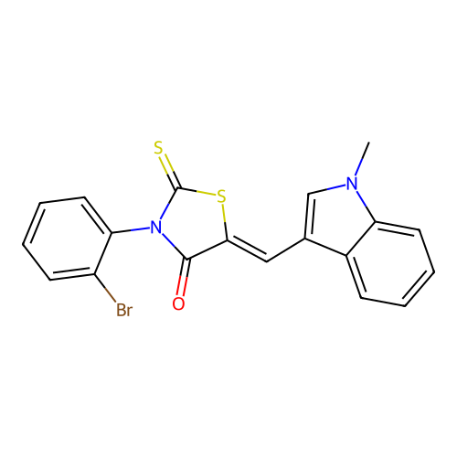 (Z)-3-(2-bromophenyl)-5-((1-methyl-1H-indol-3-yl)methylene)-2-thioxothiazolidin-4-one structure