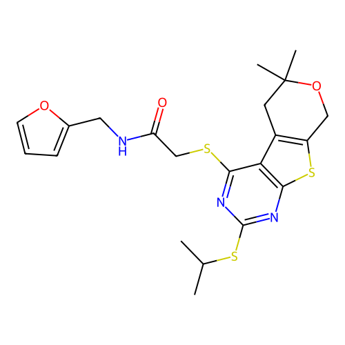 2-[[6,6-dimethyl-2-(propan-2-ylthio)-5,8-dihydropyrano[2,3]thieno[2,4-b]pyrimidin-4-yl]thio]-N-(2-furanylmethyl)acetamide structure