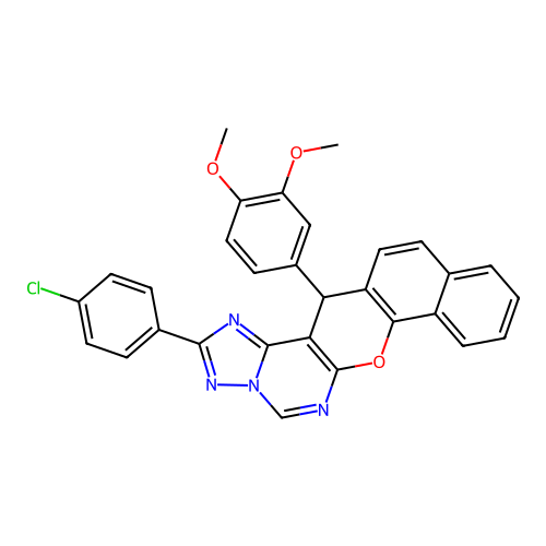 2-(4-chlorophenyl)-14-(3,4-dimethoxyphenyl)-14H-benzo[7,8]chromeno[3,2-e][1,2,4]triazolo[1,5-c]pyrimidine structure