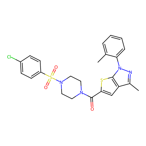(4-((4-chlorophenyl)sulfonyl)piperazin-1-yl)(3-methyl-1-(o-tolyl)-1H-thieno[2,3-c]pyrazol-5-yl)methanone structure