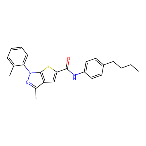 N-(4-butylphenyl)-3-methyl-1-(2-methylphenyl)-1H-thieno[2,3-c]pyrazole-5-carboxamide structure