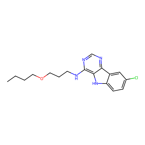 N-(3-butoxypropyl)-8-chloro-5H-pyrimido[5,4-b]indol-4-amine structure