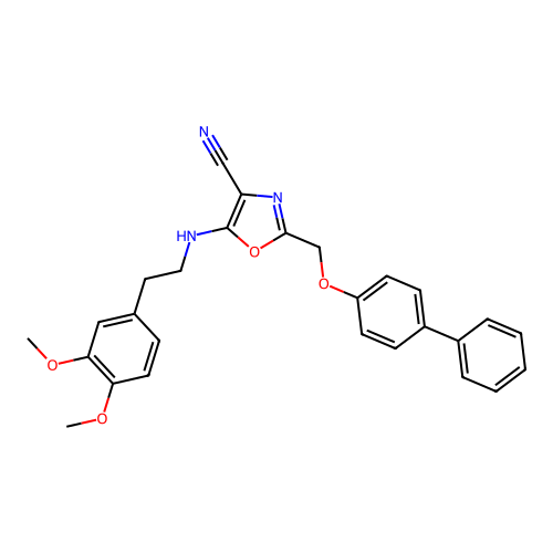5-[2-(3,4-dimethoxyphenyl)ethylamino]-2-[(4-phenylphenoxy)methyl]-1,3-oxazole-4-carbonitrile structure