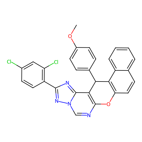 2-(2,4-dichlorophenyl)-14-(4-methoxyphenyl)-14H-benzo[5,6]chromeno[3,2-e][1,2,4]triazolo[1,5-c]pyrimidine structure