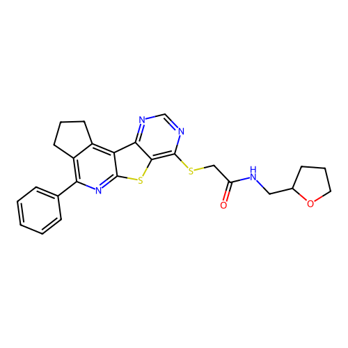 2-((4-phenyl-2,3-dihydro-1H-cyclopenta[4',5']pyrido[3',2':4,5]thieno[3,2-d]pyrimidin-7-yl)thio)-N-((tetrahydrofuran-2-yl)methyl)acetamide structure