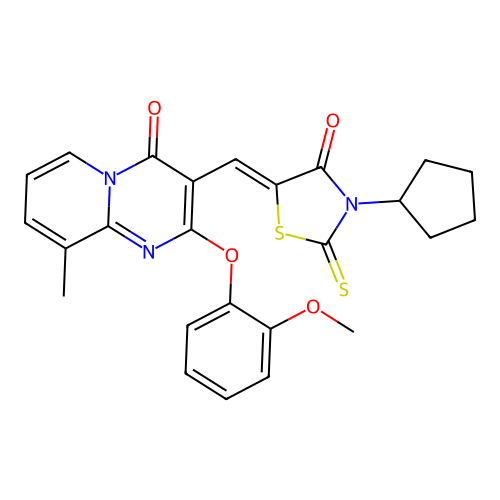 3-[(Z)-(3-cyclopentyl-4-oxo-2-thioxo-1,3-thiazolidin-5-ylidene)methyl]-2-(2-methoxyphenoxy)-9-methyl-4H-pyrido[1,2-a]pyrimidin-4-one structure