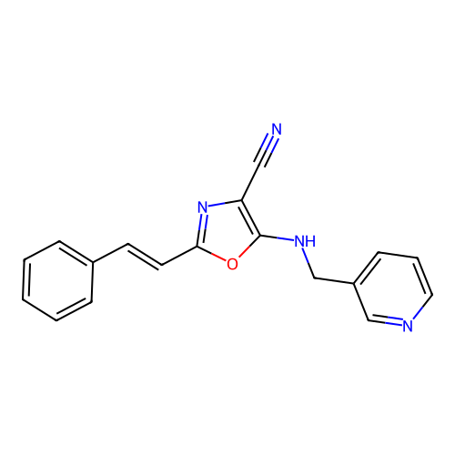 2-[(E)-2-phenylethenyl]-5-[(pyridin-3-ylmethyl)amino]-1,3-oxazole-4-carbonitrile structure