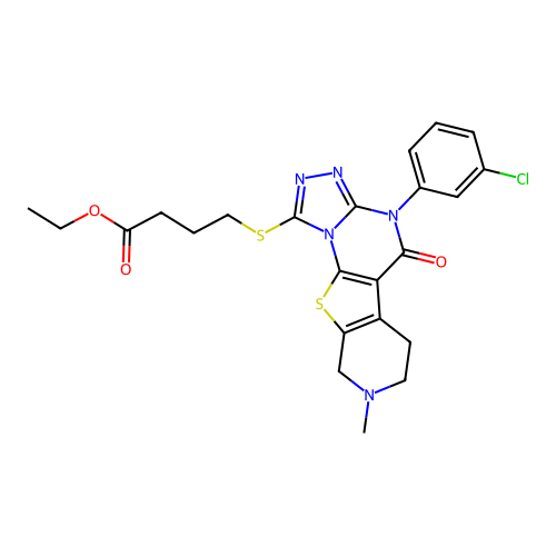 ethyl 4-((4-(3-chlorophenyl)-8-methyl-5-oxo-4,5,6,7,8,9-hexahydropyrido[4',3':4,5]thieno[3,2-e][1,2,4]triazolo[4,3-a]pyrimidin-1-yl)thio)butanoate structure