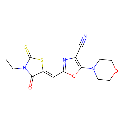 (Z)-2-((3-ethyl-4-oxo-2-thioxothiazolidin-5-ylidene)methyl)-5-morpholinooxazole-4-carbonitrile structure