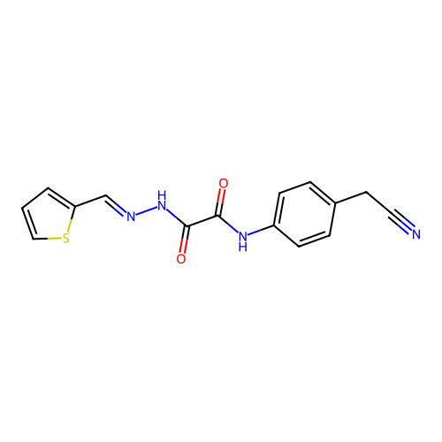 N-[4-(cyanomethyl)phenyl]-N'-[(E)-thiophen-2-ylmethylideneamino]oxamide structure