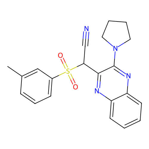 2-(3-Methylphenyl)sulfonyl-2-[3-(1-pyrrolidinyl)-2-quinoxalinyl]acetonitrile structure