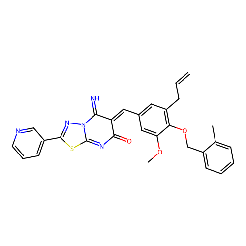 (6Z)-5-imino-6-[[3-methoxy-4-[(2-methylphenyl)methoxy]-5-prop-2-enylphenyl]methylidene]-2-pyridin-3-yl-[1,3,4]thiadiazolo[3,2-a]pyrimidin-7-one structure