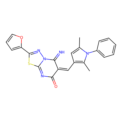 (E)-6-((2,5-dimethyl-1-phenyl-1H-pyrrol-3-yl)methylene)-2-(furan-2-yl)-5-imino-5H-[1,3,4]thiadiazolo[3,2-a]pyrimidin-7(6H)-one structure