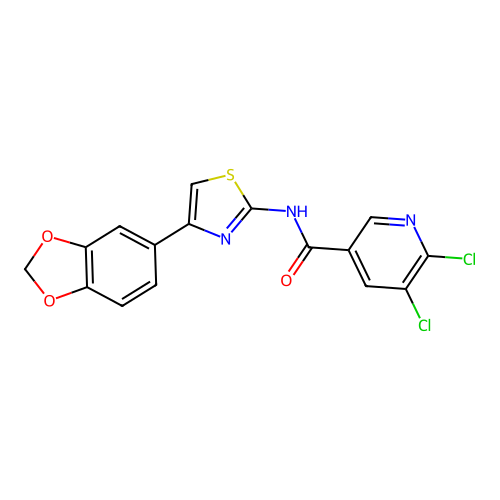 N-[4-(1,3-dioxaindan-5-yl)-1,3-thiazol-2-yl]-5,6-dichloropyridine-3-carboxamide structure