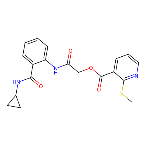[2-[2-(cyclopropylcarbamoyl)anilino]-2-oxoethyl] 2-methylsulfanylpyridine-3-carboxylate structure