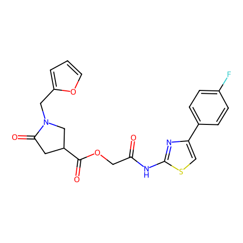 [2-[[4-(4-fluorophenyl)-1,3-thiazol-2-yl]amino]-2-oxoethyl] 1-(furan-2-ylmethyl)-5-oxopyrrolidine-3-carboxylate structure