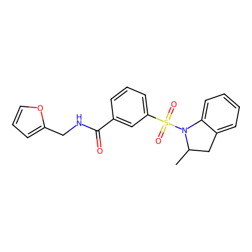 N-(furan-2-ylmethyl)-3-[(2-methyl-2,3-dihydroindol-1-yl)sulfonyl]benzamide structure