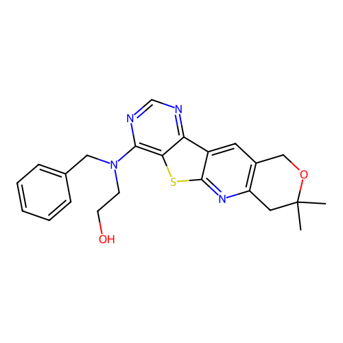 2-(benzyl(8,8-dimethyl-8,10-dihydro-7H-pyrano[3'',4'':5',6']pyrido[3',2':4,5]thieno[3,2-d]pyrimidin-4-yl)amino)ethanol structure