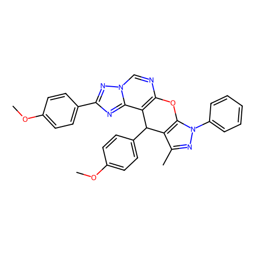 2,11-bis(4-methoxyphenyl)-10-methyl-8-phenyl-8,11-dihydropyrazolo[4',3':5,6]pyrano[3,2-e][1,2,4]triazolo[1,5-c]pyrimidine structure