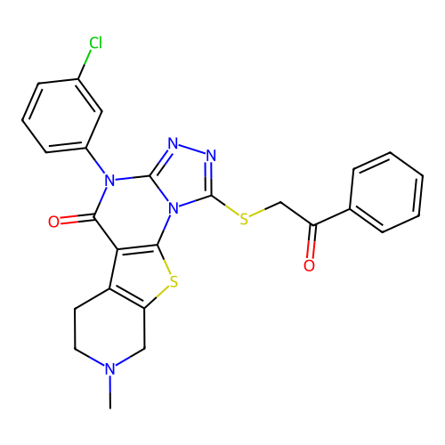 4-(3-chlorophenyl)-8-methyl-1-((2-oxo-2-phenylethyl)thio)-6,7,8,9-tetrahydropyrido[4',3':4,5]thieno[3,2-e][1,2,4]triazolo[4,3-a]pyrimidin-5(4H)-one structure