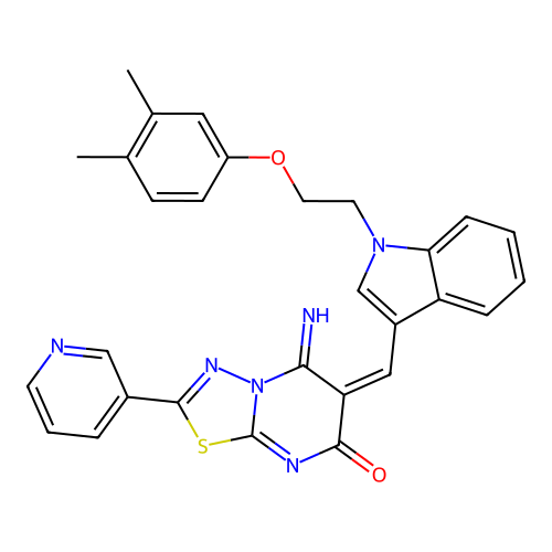 (E)-6-((1-(2-(3,4-dimethylphenoxy)ethyl)-1H-indol-3-yl)methylene)-5-imino-2-(pyridin-3-yl)-5H-[1,3,4]thiadiazolo[3,2-a]pyrimidin-7(6H)-one structure