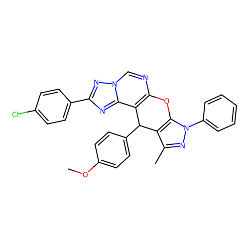 2-(4-chlorophenyl)-11-(4-methoxyphenyl)-10-methyl-8-phenyl-8,11-dihydropyrazolo[4',3':5,6]pyrano[3,2-e][1,2,4]triazolo[1,5-c]pyrimidine structure
