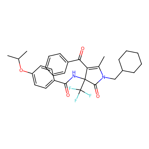 N-(4-benzoyl-1-(cyclohexylmethyl)-5-methyl-2-oxo-3-(trifluoromethyl)-2,3-dihydro-1H-pyrrol-3-yl)-4-isopropoxybenzamide structure