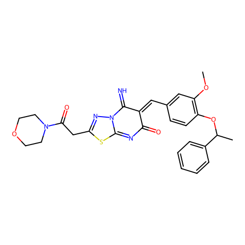 (6Z)-5-imino-6-[[3-methoxy-4-(1-phenylethoxy)phenyl]methylidene]-2-(2-morpholin-4-yl-2-oxoethyl)-[1,3,4]thiadiazolo[3,2-a]pyrimidin-7-one structure