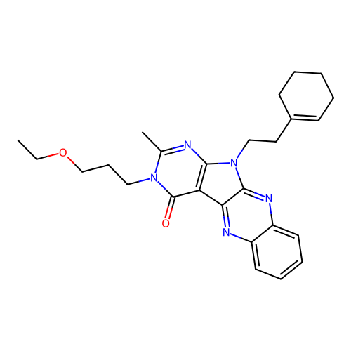 11-(2-(cyclohex-1-en-1-yl)ethyl)-3-(3-ethoxypropyl)-2-methyl-3H-pyrimido[5',4':4,5]pyrrolo[2,3-b]quinoxalin-4(11H)-one structure