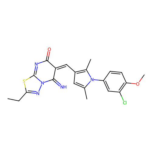 (6E)-6-[[1-(3-chloro-4-methoxyphenyl)-2,5-dimethylpyrrol-3-yl]methylidene]-2-ethyl-5-imino-[1,3,4]thiadiazolo[3,2-a]pyrimidin-7-one structure