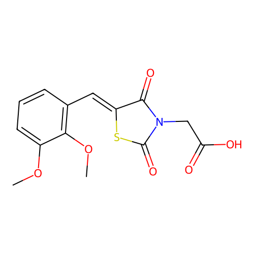 (Z)-2-(5-(2,3-dimethoxybenzylidene)-2,4-dioxothiazolidin-3-yl)acetic acid structure