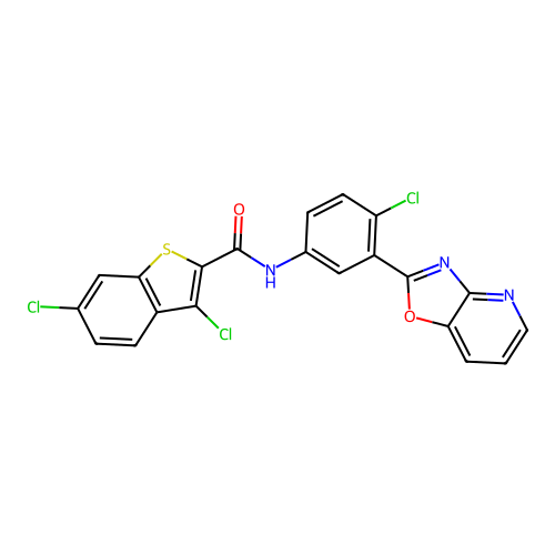 3,6-dichloro-N-[4-chloro-3-([1,3]oxazolo[4,5-b]pyridin-2-yl)phenyl]-1-benzothiophene-2-carboxamide structure