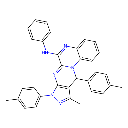 10-methyl-8,11-bis(4-methylphenyl)-N-phenyl-8,11-dihydropyrazolo[3',4':4,5]pyrimido[1,2-a]quinoxalin-6-amine structure