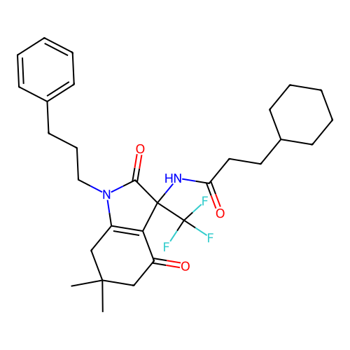 3-cyclohexyl-N-(6,6-dimethyl-2,4-dioxo-1-(3-phenylpropyl)-3-(trifluoromethyl)-2,3,4,5,6,7-hexahydro-1H-indol-3-yl)propanamide structure