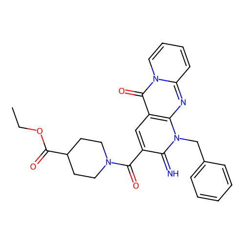 ethyl 1-[(1-benzyl-2-imino-5-oxo-1,5-dihydro-2H-dipyrido[1,2-a:2,3-d]pyrimidin-3-yl)carbonyl]-4-piperidinecarboxylate structure