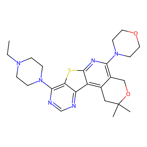 8-(4-ethylpiperazin-1-yl)-2,2-dimethyl-5-(morpholin-4-yl)-1,4-dihydro-2H-pyrano[4'',3'':4',5']pyrido[3',2':4,5]thieno[3,2-d]pyrimidine structure