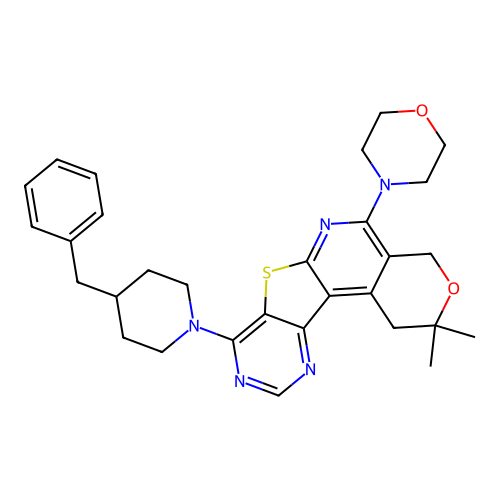 8-(4-benzylpiperidin-1-yl)-2,2-dimethyl-5-(morpholin-4-yl)-1,4-dihydro-2H-pyrano[4'',3'':4',5']pyrido[3',2':4,5]thieno[3,2-d]pyrimidine structure