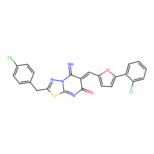 (6Z)-2-(4-chlorobenzyl)-6-{[5-(2-chlorophenyl)furan-2-yl]methylidene}-5-imino-5,6-dihydro-7H-[1,3,4]thiadiazolo[3,2-a]pyrimidin-7-one structure