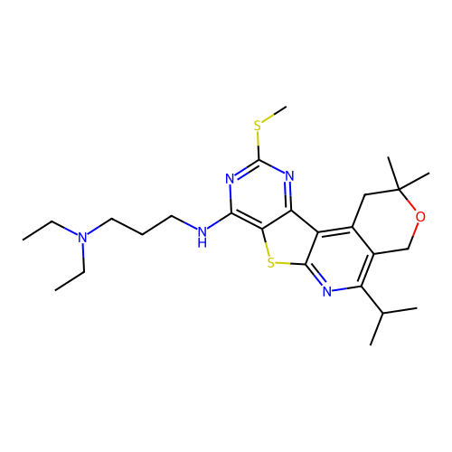 N'-[2,2-dimethyl-10-(methylsulfanyl)-5-(propan-2-yl)-1,4-dihydro-2H-pyrano[4'',3'':4',5']pyrido[3',2':4,5]thieno[3,2-d]pyrimidin-8-yl]-N,N-diethylpropane-1,3-diamine structure