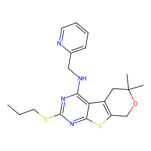 6,6-dimethyl-2-(propylsulfanyl)-N-(pyridin-2-ylmethyl)-5,8-dihydro-6H-pyrano[4',3':4,5]thieno[2,3-d]pyrimidin-4-amine structure