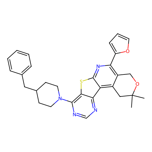 8-(4-benzylpiperidin-1-yl)-5-(furan-2-yl)-2,2-dimethyl-1,4-dihydro-2H-pyrano[4'',3'':4',5']pyrido[3',2':4,5]thieno[3,2-d]pyrimidine structure