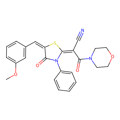 (2E)-2-[(5E)-5-(3-methoxybenzylidene)-4-oxo-3-phenyl-1,3-thiazolidin-2-ylidene]-3-(morpholin-4-yl)-3-oxopropanenitrile structure