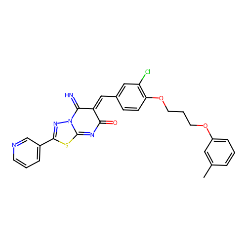 (6Z)-6-[[3-chloro-4-[3-(3-methylphenoxy)propoxy]phenyl]methylidene]-5-imino-2-pyridin-3-yl-[1,3,4]thiadiazolo[3,2-a]pyrimidin-7-one structure