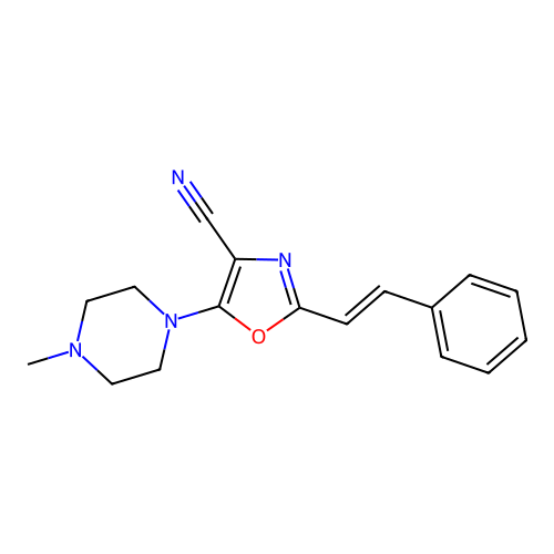 5-(4-methylpiperazin-1-yl)-2-[(E)-2-phenylethenyl]-1,3-oxazole-4-carbonitrile structure