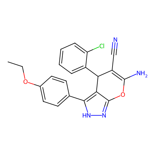 6-amino-4-(2-chlorophenyl)-3-(4-ethoxyphenyl)-1,4-dihydropyrano[2,3-c]pyrazole-5-carbonitrile structure