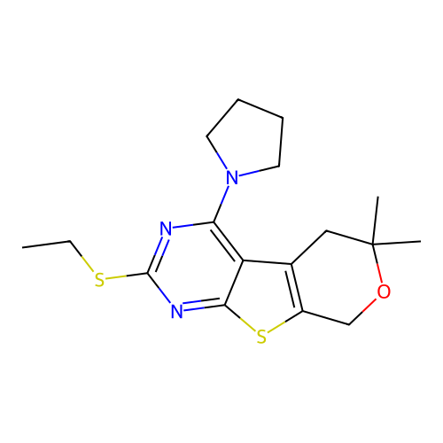 2-(ethylsulfanyl)-6,6-dimethyl-4-(pyrrolidin-1-yl)-5,8-dihydro-6H-pyrano[4',3':4,5]thieno[2,3-d]pyrimidine structure