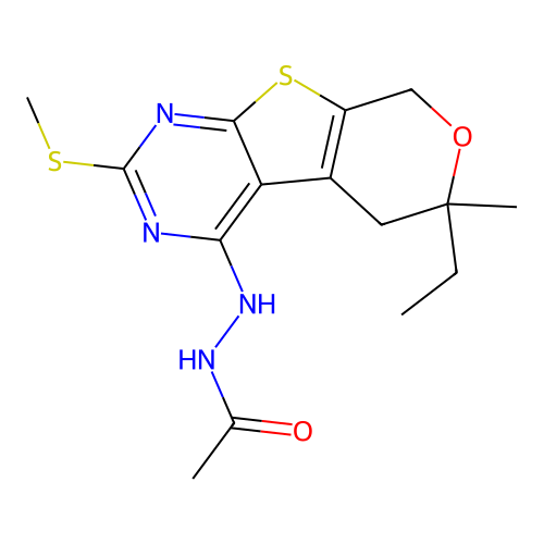 N'-(6-ethyl-6-methyl-2-(methylthio)-6,8-dihydro-5H-pyrano[4',3':4,5]thieno[2,3-d]pyrimidin-4-yl)acetohydrazide structure